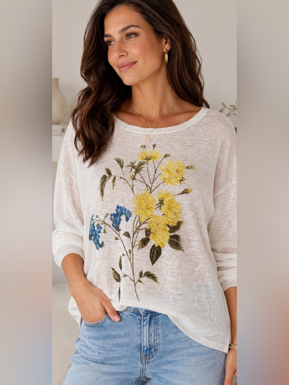 JOA Linen Knit Sweater Women L Ivory Floral Lightweight Sheer Pullover Top
